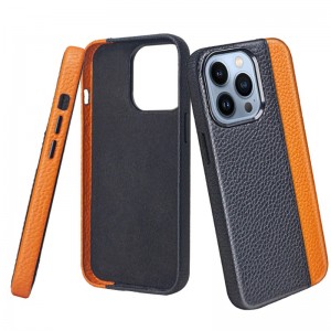 Apple iPhone 14pro mobile phone leather case, 360 degree all-inclusive protection, fashionable color matching black/orange mobile phone case, metal buttons sensitive and durable